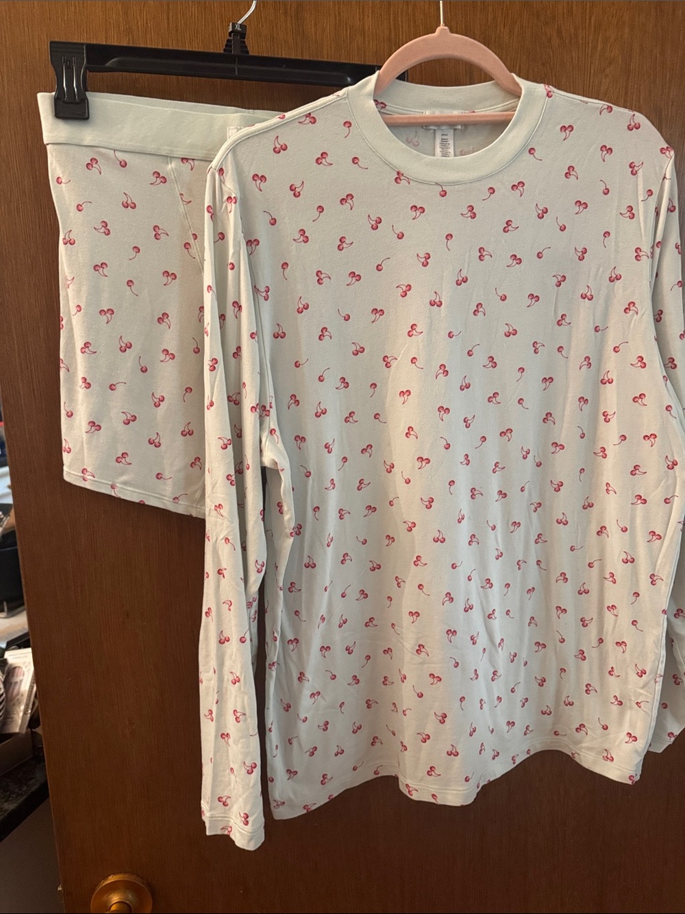 SKIMS Cream Long-Sleeve Pajama Top & Shorts with Red Cherry Motif